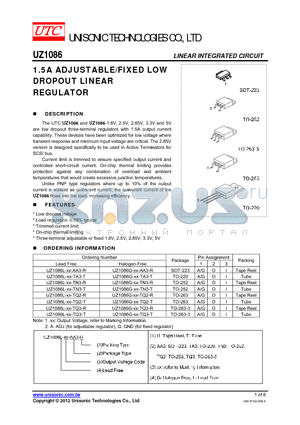UZ1086L-XX-TQ3-T datasheet - 1.5A ADJUSTABLE/FIXED LOW DROPOUT LINEAR REGULATOR