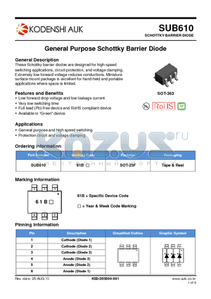 SUB610 datasheet - General Purpose Schottky Barrier Diode