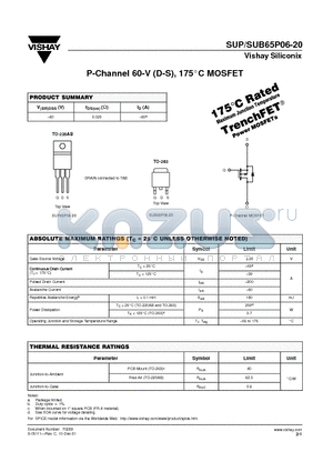 SUB65P06-20 datasheet - P-Channel 60-V (D-S), 175C MOSFET