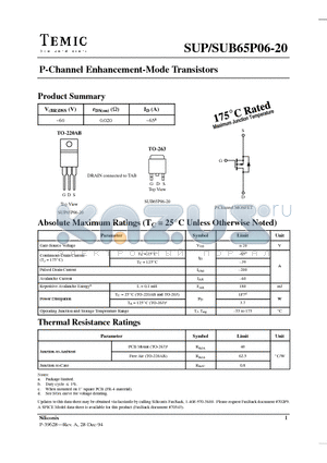 SUB65P06-20 datasheet - P-Channel Enhancement-Mode Transistors