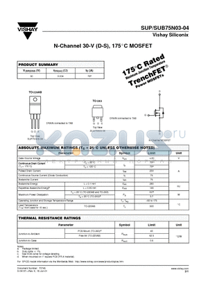 SUB75N03-04 datasheet - N-Channel 30-V (D-S), 175C MOSFET