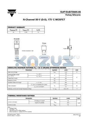 SUB75N05-06 datasheet - N-Channel 50-V (D-S), 175C MOSFET