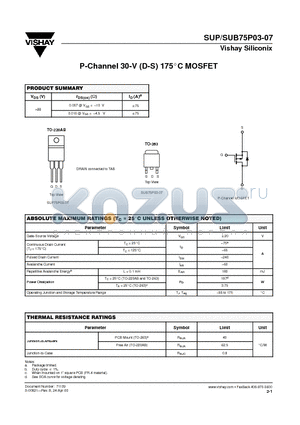 SUB75P03-07 datasheet - P-Channel 30-V (D-S) 175C MOSFET