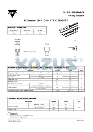SUB75P03-08 datasheet - P-Channel 30-V (D-S), 175C MOSFET