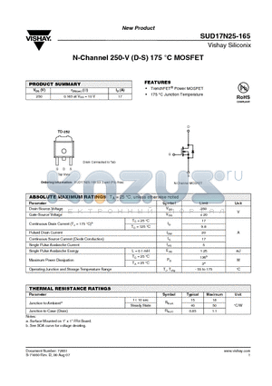 SUD17N25-165 datasheet - N-Channel 250-V (D-S) 175 `C MOSFET