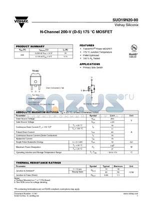 SUD19N20-90-E3 datasheet - N-Channel 200-V (D-S) 175 `C MOSFET