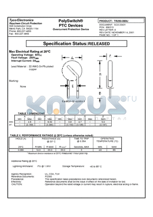 TR250-080U datasheet - PolySwitch PTC Devices Overcurrent Protection Device