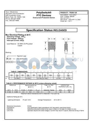 TR250-120 datasheet - PolySwitch PTC Devices Overcurrent Protection Device