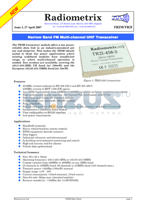 TR2I-458-10 datasheet - Narrow Band FM Multi-channel UHF Transceiver