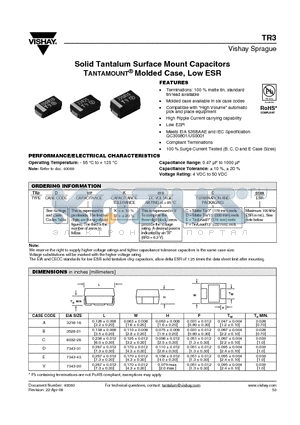 TR3 datasheet - Solid Tantalum Surface Mount Capacitors TANTAMOUNT^ Molded Case, Low ESR