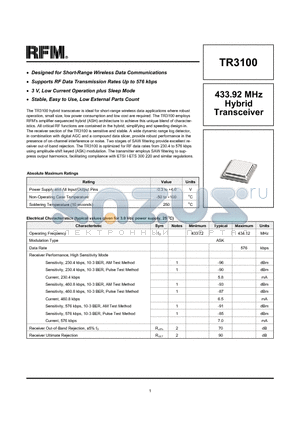 TR3100 datasheet - 433.92 MHz Hybrid Transceiver