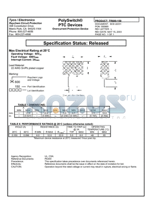 TR600-150 datasheet - PolySwitch PTC Devices, Overcurrent Protection Device