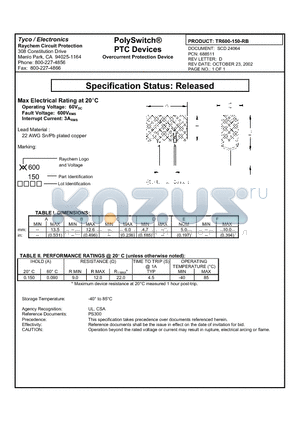 TR600-150-RB datasheet - PolySwitch PTC Devices, Overcurrent Protection Device