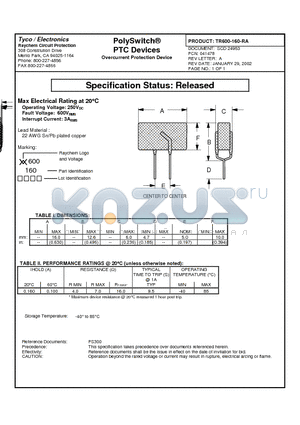 TR600-160-RA datasheet - PolySwitch PTC Devices, Overcurrent Protection Device