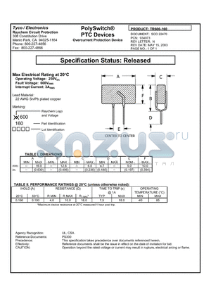 TR600-160 datasheet - PolySwitch PTC Devices, Overcurrent Protection Device