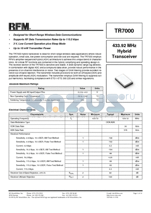 TR7000 datasheet - 433.92 MHz Hybrid Transceiver