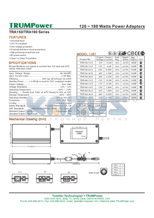 TRA150-12-8 datasheet - 120 ~ 180 Watts Power Adapters