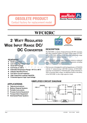 WFC02R24S12LC datasheet - 2 WATT REGULATED WIDE INPUT RANGE DC/DC CONVERTER