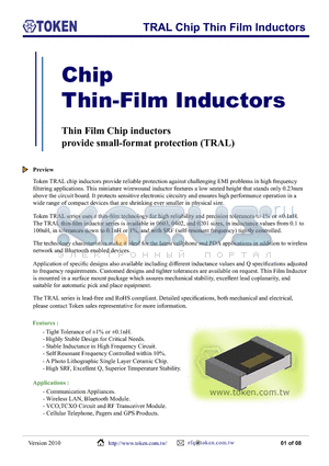 TRAL01FTR10N datasheet - TRAL Chip Thin Film Inductors