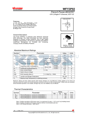 WFY3P02 datasheet - TrenchPowerMOSFET 20 V,Single PChannel, SOT23