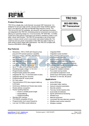 TRC103 datasheet - 863-960 MHz RF Transceiver