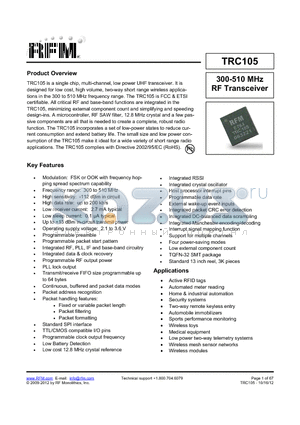 TRC105 datasheet - 300-510 MHz RF Transceiver