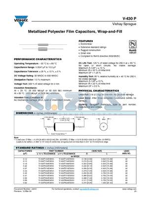 V-430P104X5200 datasheet - Metallized Polyester Film Capacitors, Wrap-and-Fill