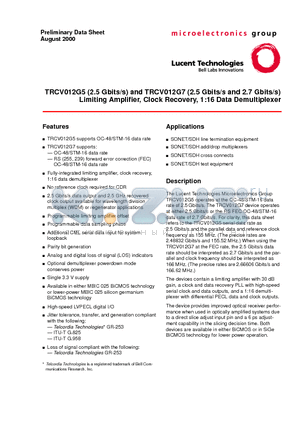 TRCV012G5 datasheet - TRCV012G5 (2.5 Gbits/s) and TRCV012G7 (2.5 Gbits/s and 2.7 Gbits/s) Limiting Amplifier, Clock Recovery, 1:16 Data Demultiplexer