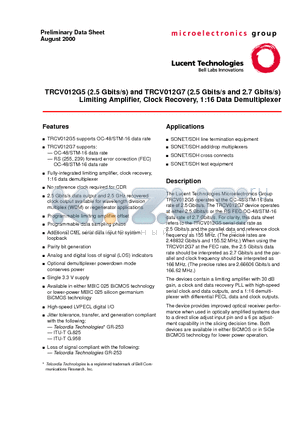 TRCV012G73XE1 datasheet - TRCV012G5 (2.5 Gbits/s) and TRCV012G7 (2.5 Gbits/s and 2.7 Gbits/s) Limiting Amplifier, Clock Recovery, 1:16 Data Demultiplexer