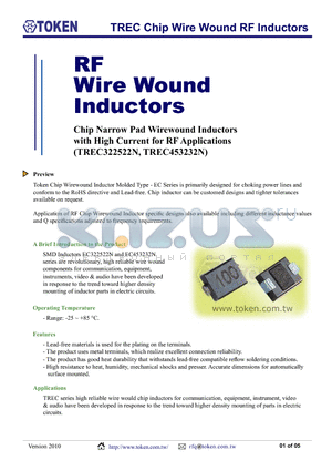 TREC322522N-100K datasheet - TREC Chip Wire Wound RF Inductors