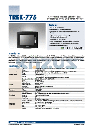 TREK-775R-XPEA0E datasheet - 10.4 Vehicle Mounted Computer with Pentium^ LV M/ ULV Celeron^ M Processor