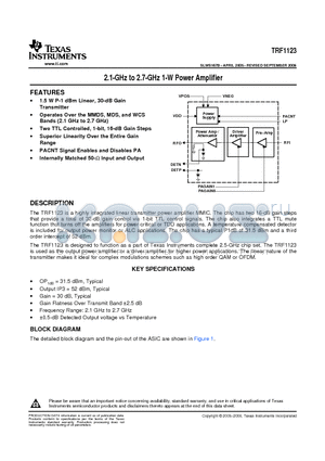 TRF1123IRTMR datasheet - 2.1-GHz to 2.7-GHz 1-W Power Amplifier