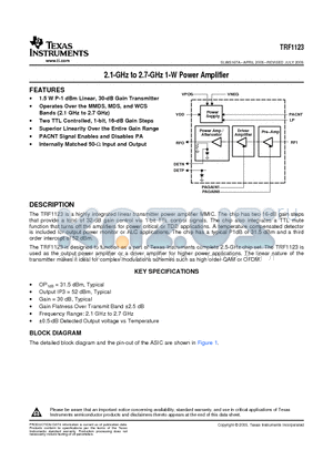 TRF1123 datasheet - 2.1-GHz to 2.7-GHz 1-W Power Amplifier