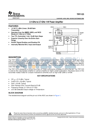 TRF1123 datasheet - 2.1-GHz to 2.7-GHz 1-W Power Amplifier