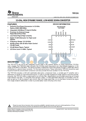 TRF1216IRGPR datasheet - 3.5-GHz, HIGH DYNAMIC RANGE, LOW-NOISE DOWN-CONVERTER