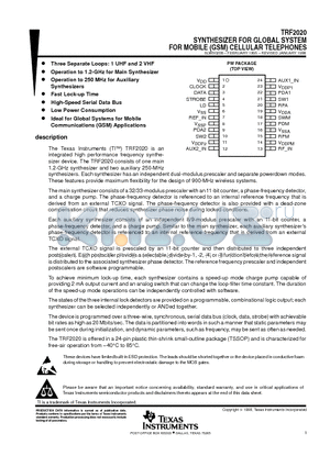 TRF2020 datasheet - SYNTHESIZER FOR GLOBAL SYSTEM FOR MOBILE GSM CELLULAR TELEPHONES