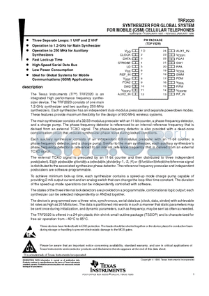 TRF2020PW datasheet - SYNTHESIZER FOR GLOBAL SYSTEM FOR MOBILE GSM CELLULAR TELEPHONES