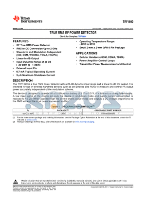 TRF1600 datasheet - TRUE RMS RF POWER DETECTOR