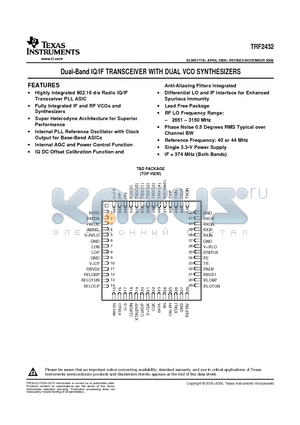 TRF2432IRTQR datasheet - Dual-Band IQ/IF TRANSCEIVER WITH DUAL VCO SYNTHESIZERS