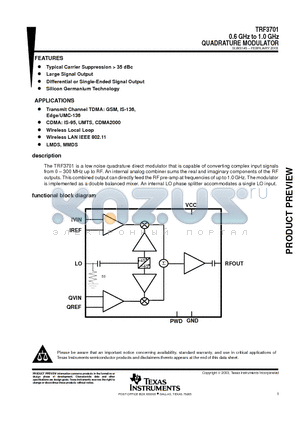 TRF3701 datasheet - 0.4 GHz to 1.5 GHz QUADRATURE MODULATOR