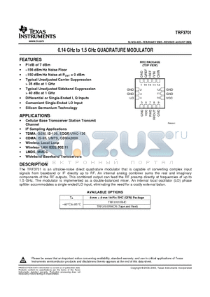 TRF3701IRHCG4 datasheet - 0.14 GHz to 1.5 GHz QUADRATURE MODULATOR