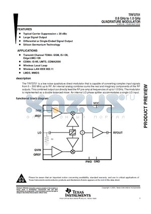 TRF3701IRHC datasheet - 0.4 GHz to 1.5 GHz QUADRATURE MODULATOR