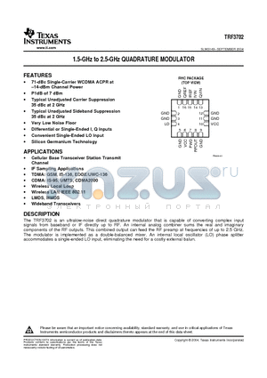 TRF3702IRHC datasheet - 1.5-GHz to 2.5-GHz QUADRATURE MODULATOR