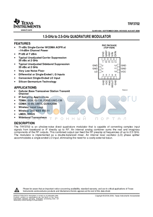 TRF3702IRHC datasheet - 1.5-GHz to 2.5-GHz QUADRATURE MODULATOR