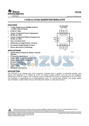 TRF3702IRHCR datasheet - 1.5-GHz to 2.5-GHz QUADRATURE MODULATOR