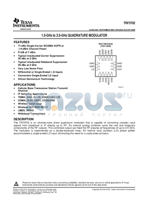 TRF3702_07 datasheet - 1.5-GHz to 2.5-GHz QUADRATURE MODULATOR