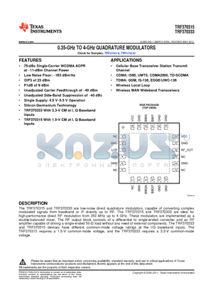 TRF370315IRGER datasheet - 0.35-GHz TO 4-GHz QUADRATURE MODULATORS