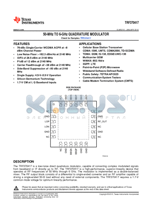 TRF370417IRGER datasheet - 50-MHz TO 6-GHz QUADRATURE MODULATOR