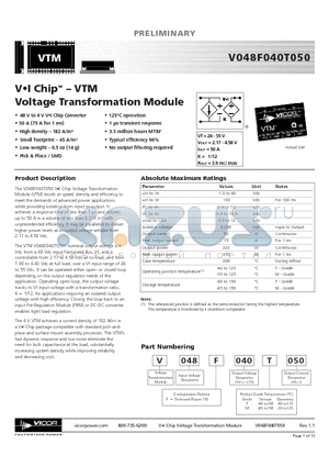 V048F040M050 datasheet - VI Chip - VTM Voltage Transformation Module