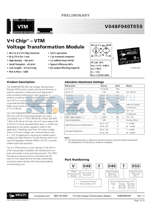 V048F040T050 datasheet - VI Chip - VTM Voltage Transformation Module